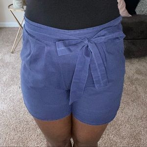 High-Waisted Waist-tie Blue Linen Shorts - Medium